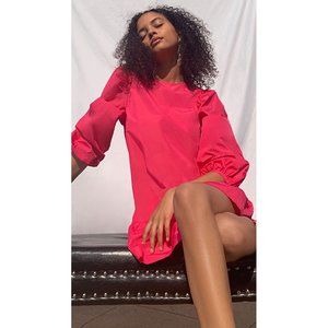 NWT Cinq à Sept pink puff-sleeve ruffle accent mini dress, S